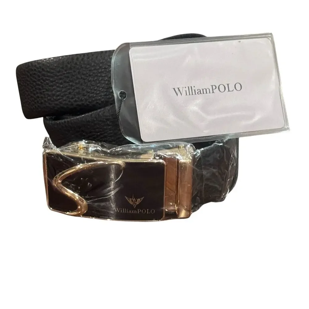 WilliamPOLO Men's Genuine Leather Belt Ratchet Buckle Gold Size 115 NWT